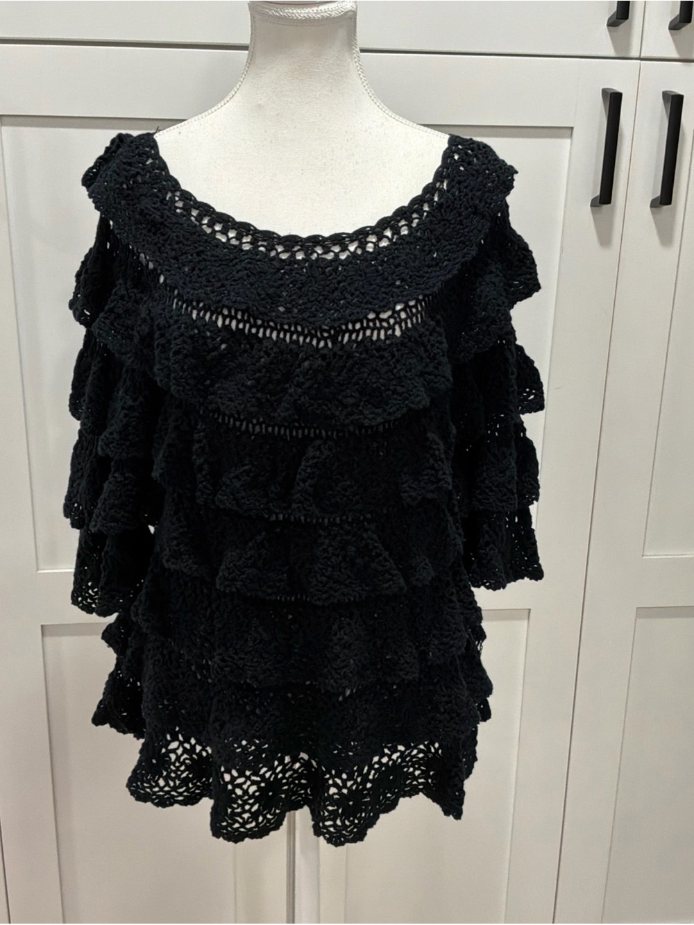 Denim 24/7 Navy Crochet Knit Ruffle Top Womens L Boho Festival Open Weave